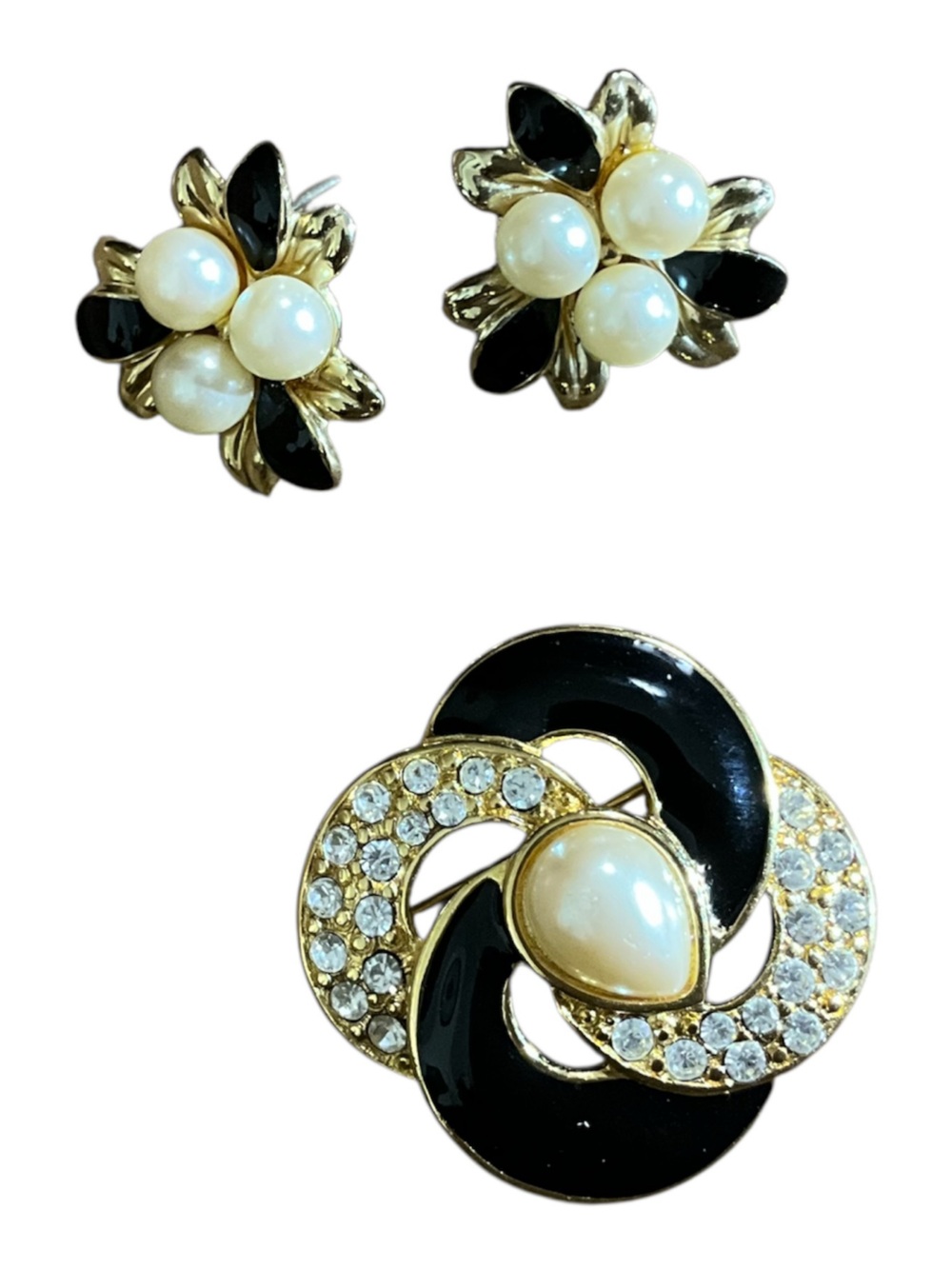Vintage Monet Brooch & Faux Pearl Floral Earrings Jewelry Set